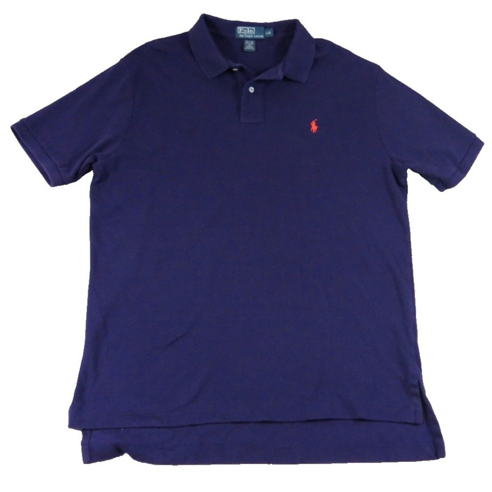 Polo Ralph Lauren Shirt Mens Large Blue Pique Cotton Short Sleeve Orange Pony LS